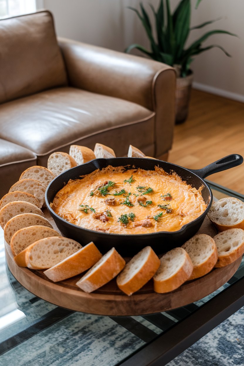 An indoor coffee table with a skillet of cheesy Philly cheesesteak dip, baguette slices arranged around; photo only, no text or logos.