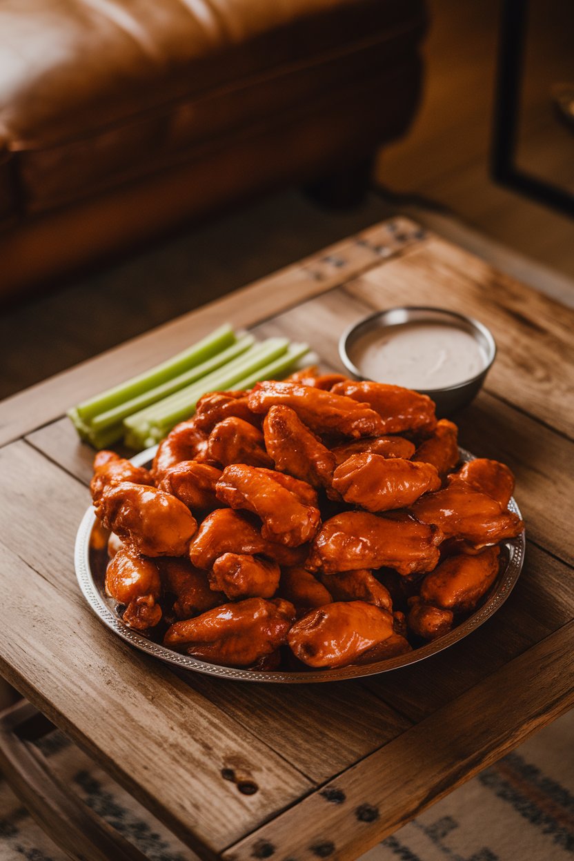 Indoor photo of a platter piled high with glazed, cooked Buffalo chicken wings, celery sticks, and a small bowl of ranch dressing on a wooden coffee table; warm lighting, no text or logos.