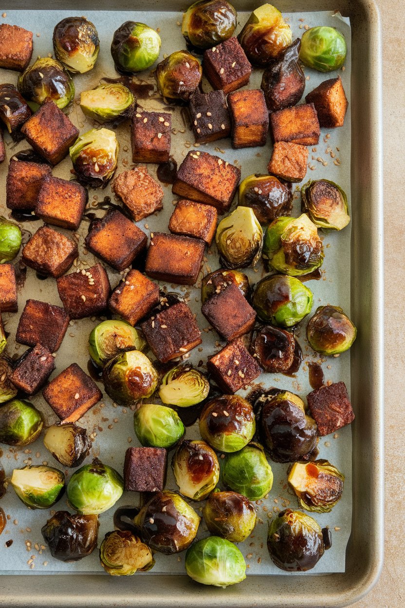 Indoor photo of a sheet pan lined with balsamic-glazed Brussels sprouts and browned tempeh cubes. No text or logos.