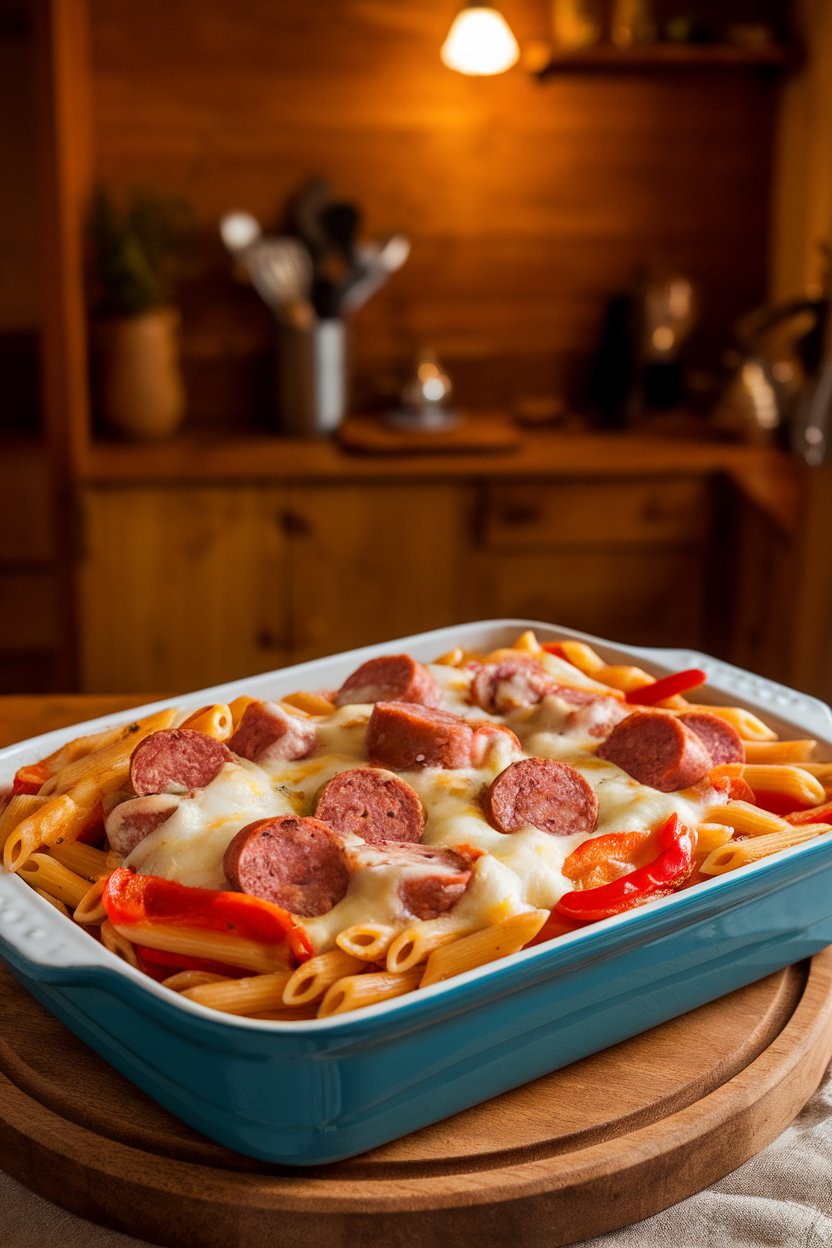 Indoor photo of a casserole dish packed with penne, sliced Italian sausage, bell peppers, and a light layer of melted provolone. Warm kitchen lighting, no logos.