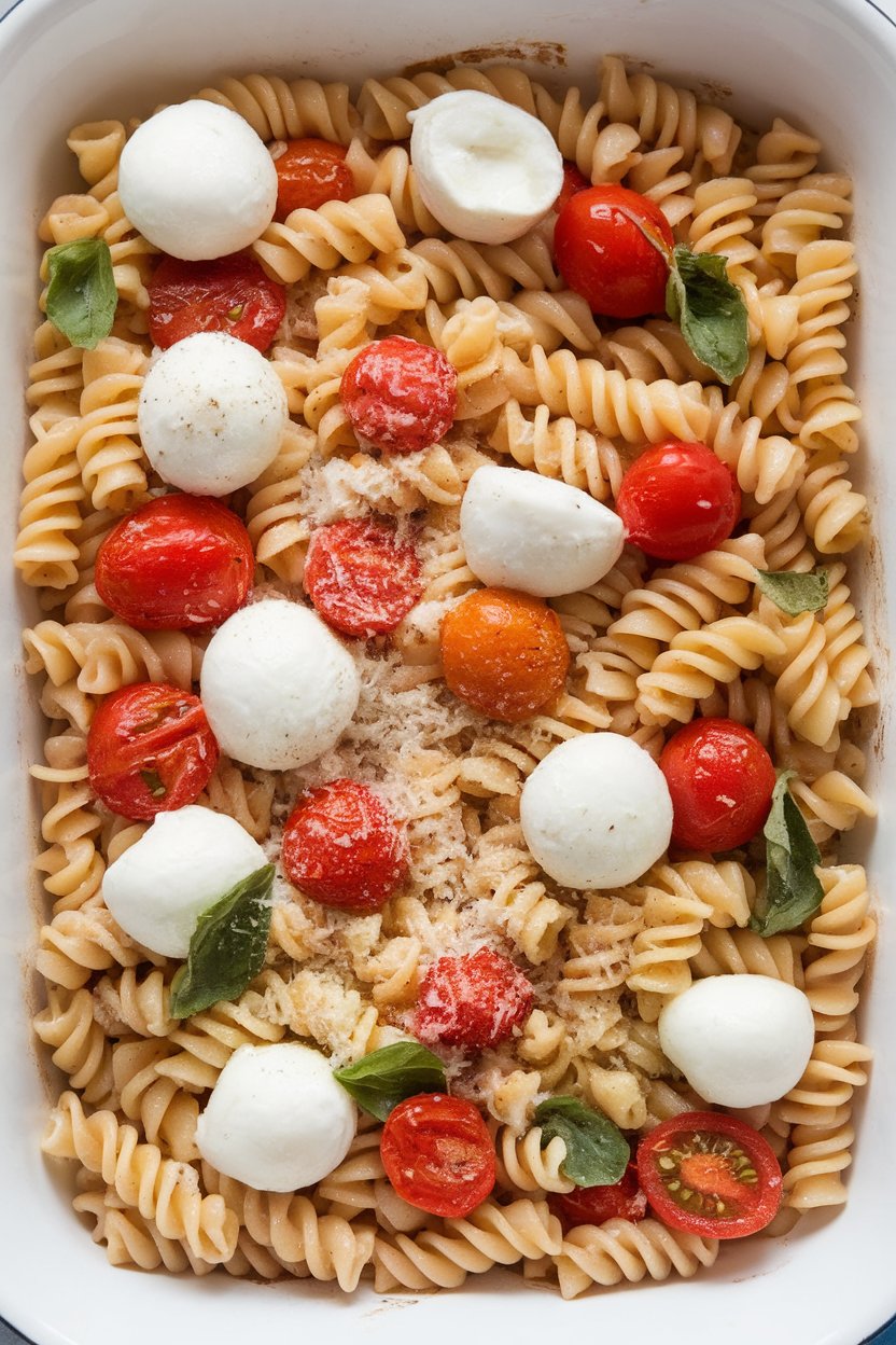 Indoor photo of rotini with cherry tomatoes, basil ribbons, mozzarella pearls melted throughout, baked in a white dish. No text or branding.
