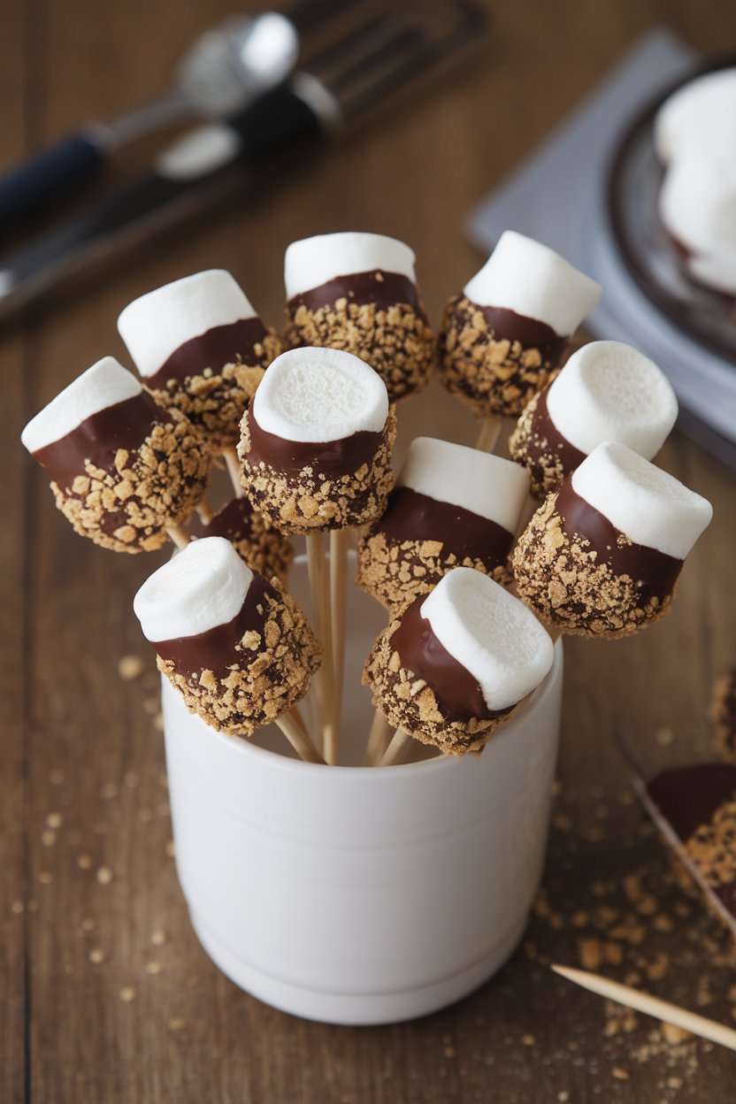 Indoor cup holding marshmallows on sticks half-dipped in chocolate and rolled in crushed graham crackers. No text or logos; photo, not illustration.