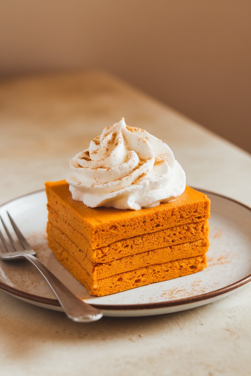 Indoor scene with a pumpkin-colored pancake square topped with a swirl of whipped cream and a sprinkle of nutmeg, no text or logos.