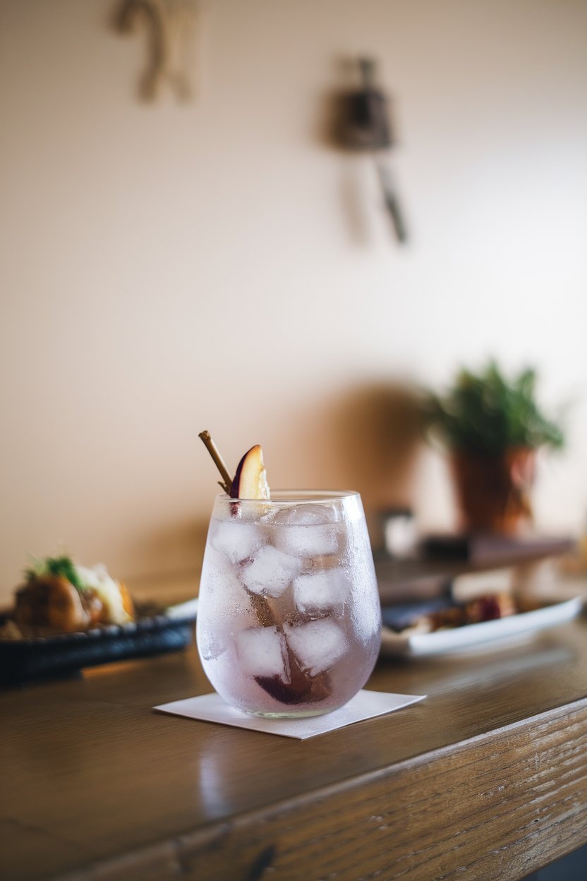 An indoor izakaya-style counter with stemless glass of light purple spritzer, ice cubes, and thin plum wedge; photo, not illustration; no text or logos.
