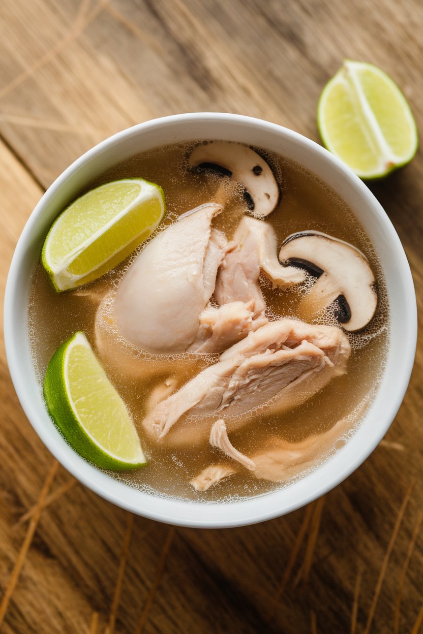 Indoor scene with a bowl of light coconut broth containing chicken, mushrooms, and lime wedges; no text or logos; photo.
