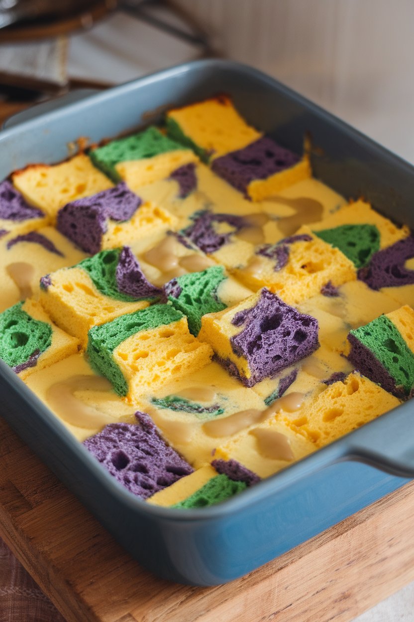 Indoor baking dish featuring cubes of colored king cake baked into custard, glaze drizzled on top. Photo, no text or logos.