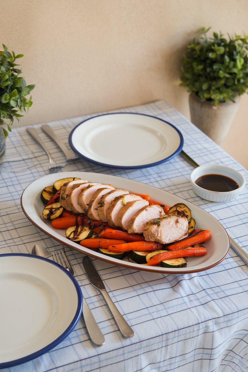 An indoor family table showing sliced chicken breast atop roasted carrots and zucchini glazed with balsamic reduction; no text or logos; photo.