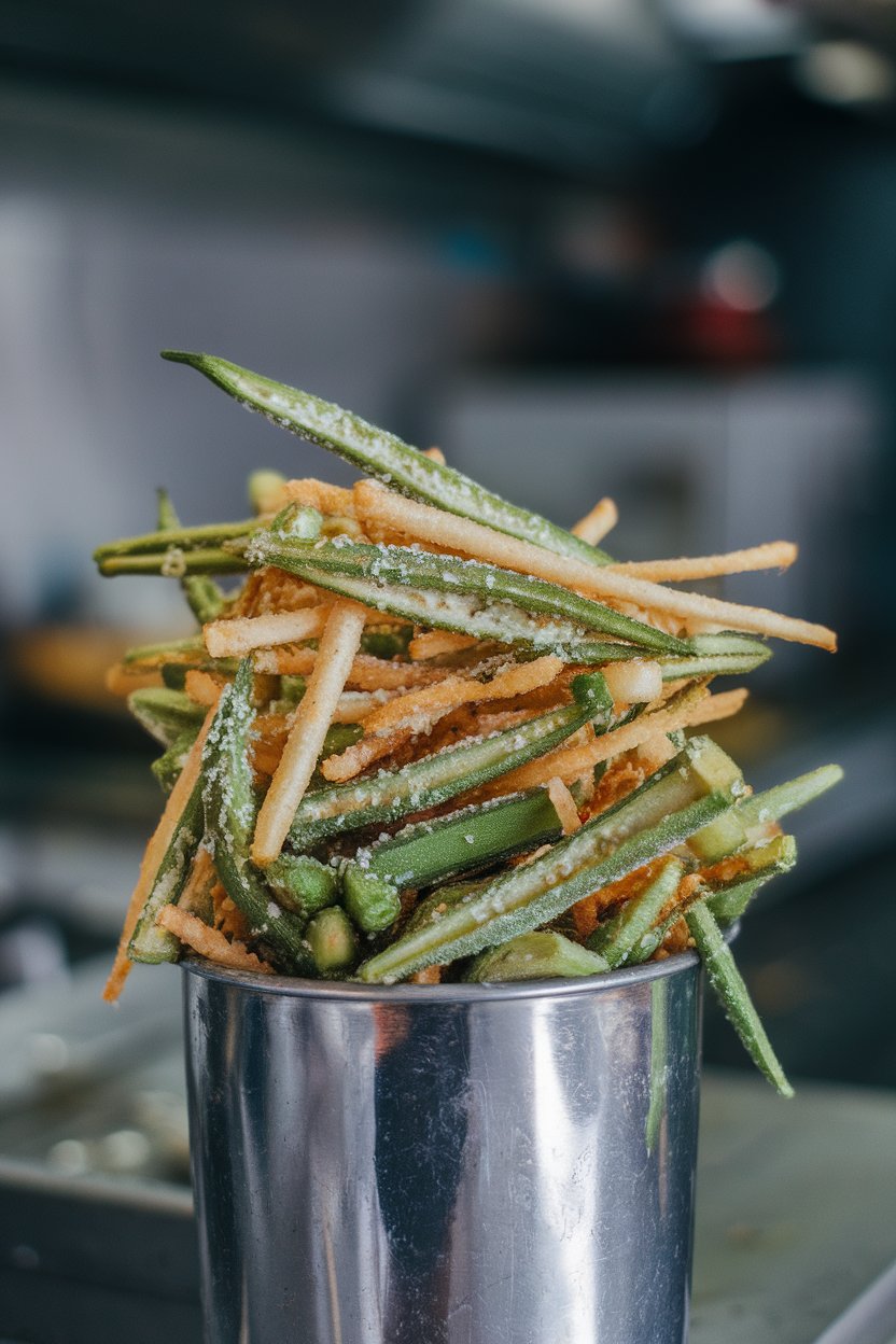 Indoor photo of a metal cup overflowing with slender fried okra strips, lightly salted; no text or logos