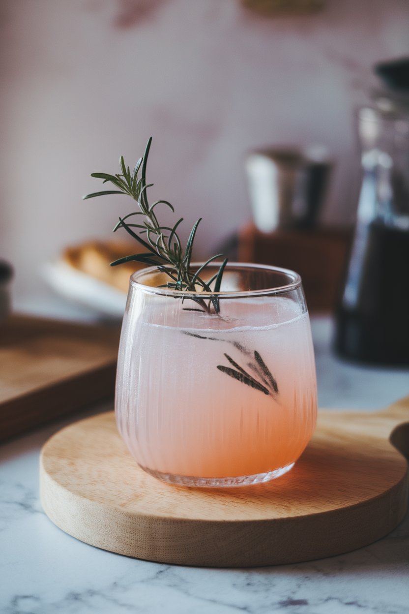 Indoor daylight scene with a clear glass of pale pink grapefruit drink, rosemary sprig inside, no logos or text.