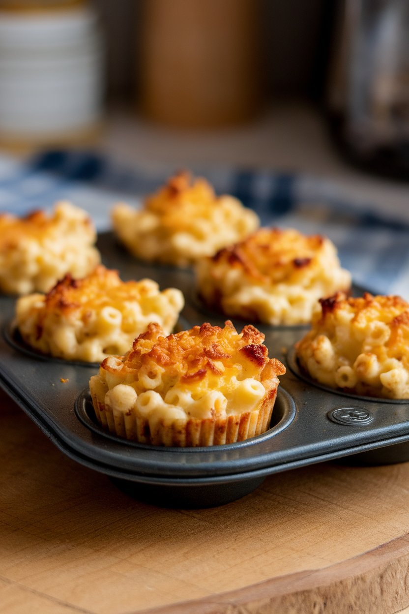 An indoor muffin tray with individual macaroni and cheese cups, tops browned and crispy—no text or logos. Photo, not illustration.