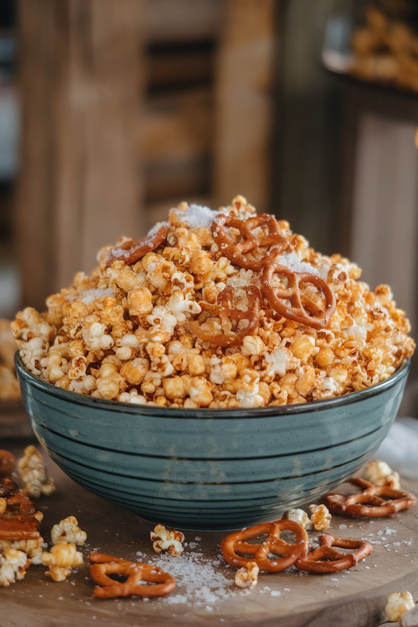 Indoor photo of a large bowl of caramel-coated popcorn mixed with broken pretzel pieces, lightly dusted with sea salt; no text or logos