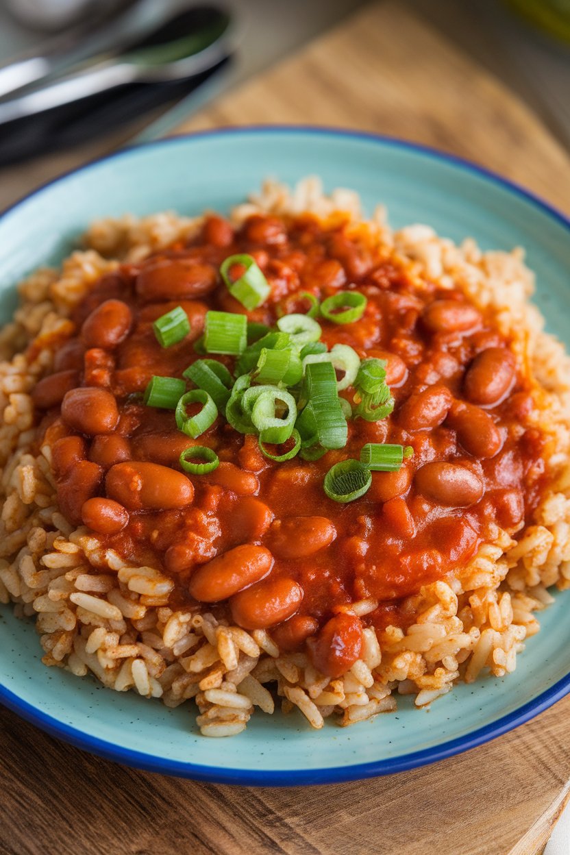 Indoor plate of spicy red beans over brown rice, green onions sprinkled. No text or logos.