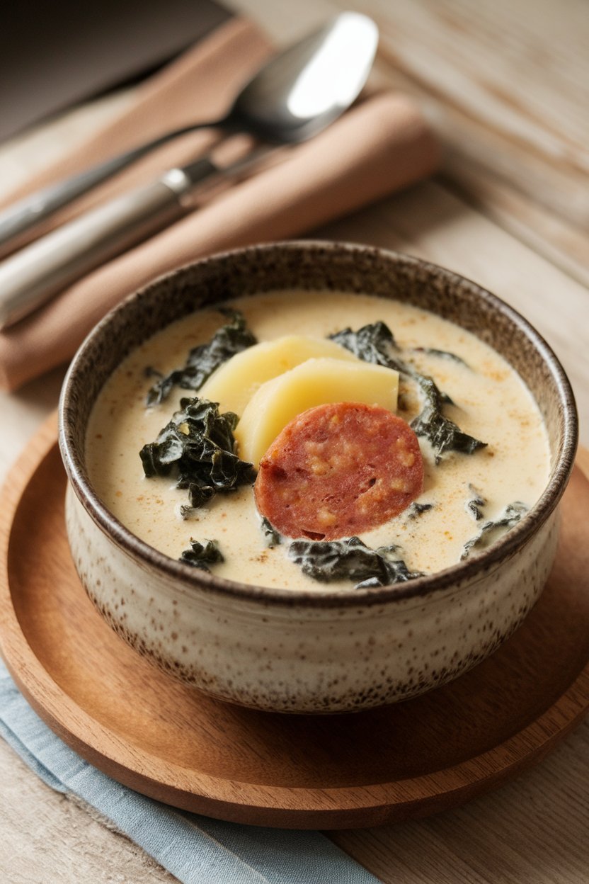 Indoor photo of a creamy soup with Italian sausage, kale, and potato slices, served in a farmhouse-style bowl; no text or logos.