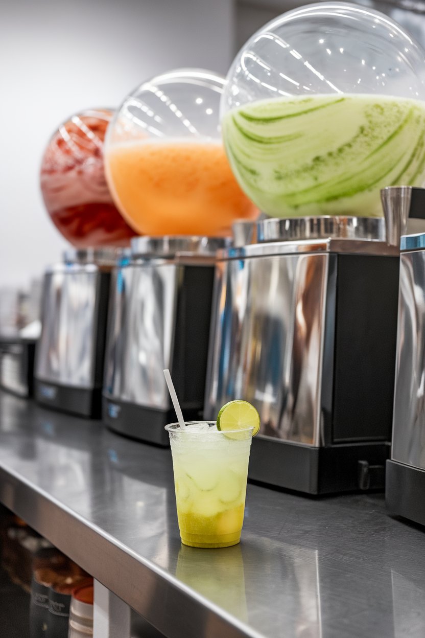 An indoor daiquiri shop counter with multiple swirling frozen drink machines and a clear plastic cup of bright lime daiquiri. No text or logos. Photo.