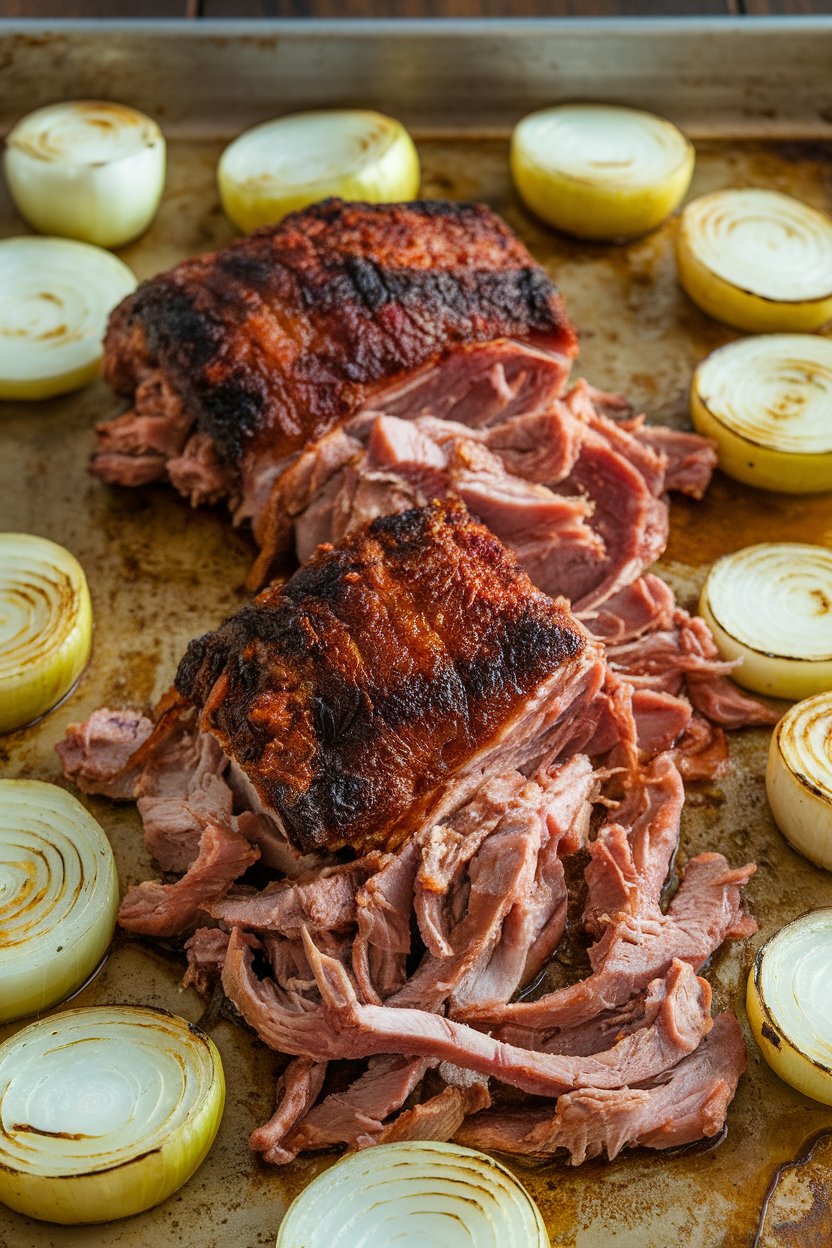 Indoor photo of shredded adobo-rubbed pork shoulder pieces and roasted onions on a baking sheet, edges caramelized. No text or logos.