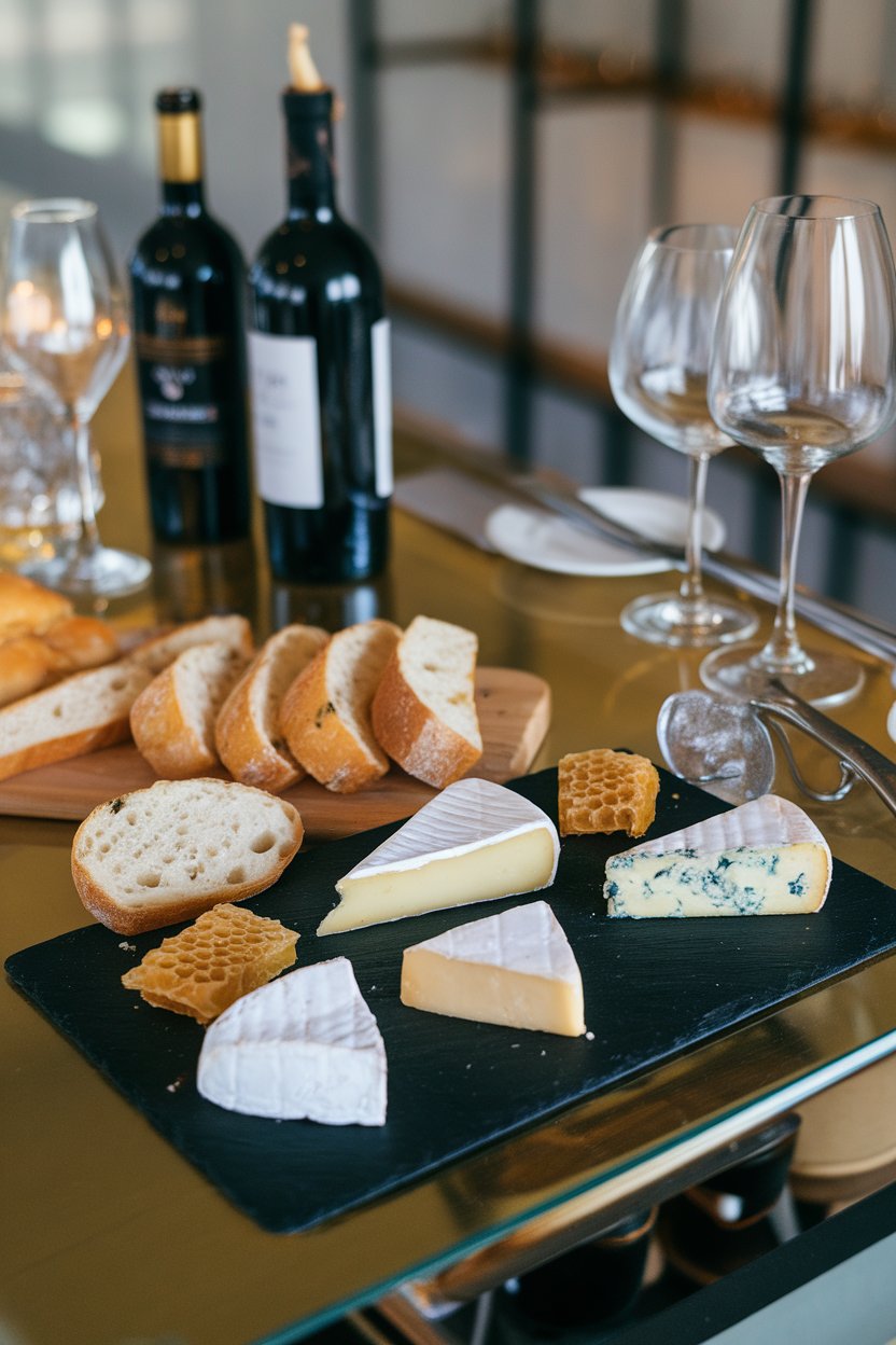 An indoor wine bar table featuring small wedges of brie, camembert, and blue cheese, with honeycomb and sliced baguette on a slate board. No logos or branded materials.