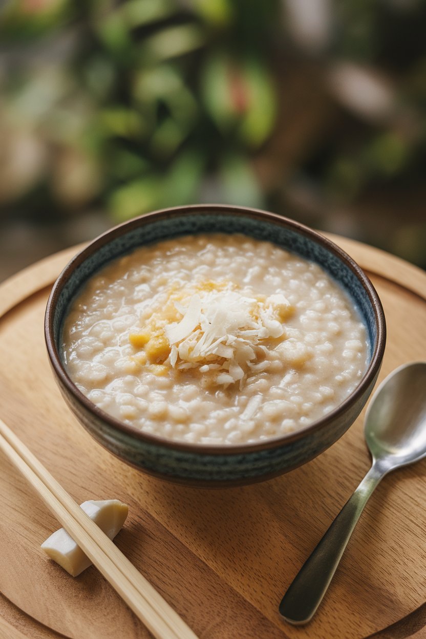 An indoor breakfast bowl of creamy brown rice porridge with shredded coconut and minced ginger on top. No text or logos.