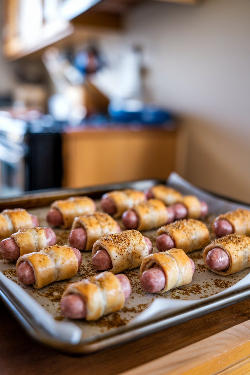 Indoor photo of crescent-wrapped mini sausages sprinkled with everything bagel seasoning on a baking sheet. No logos present.