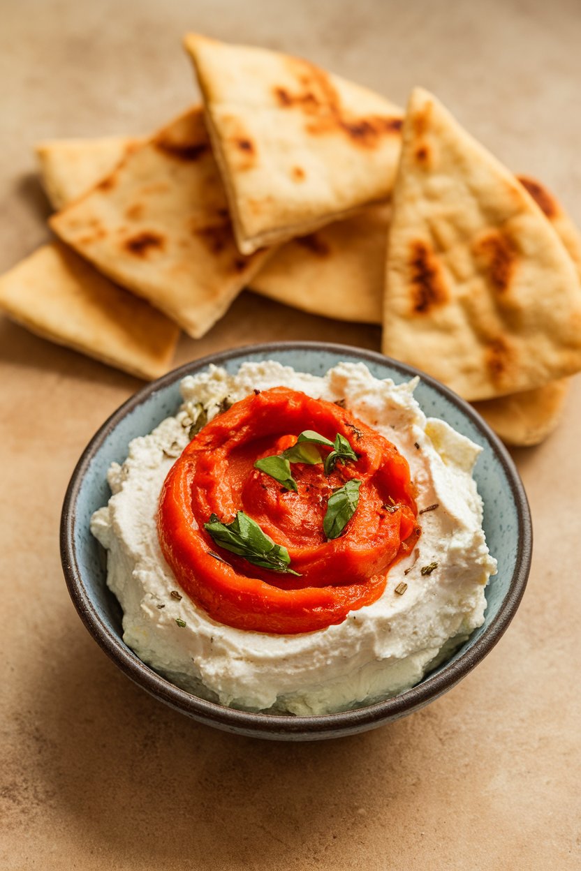 Indoor photo of creamy whipped feta swirled with roasted red pepper puree in a small bowl, pita chips nearby. No text or logos.
