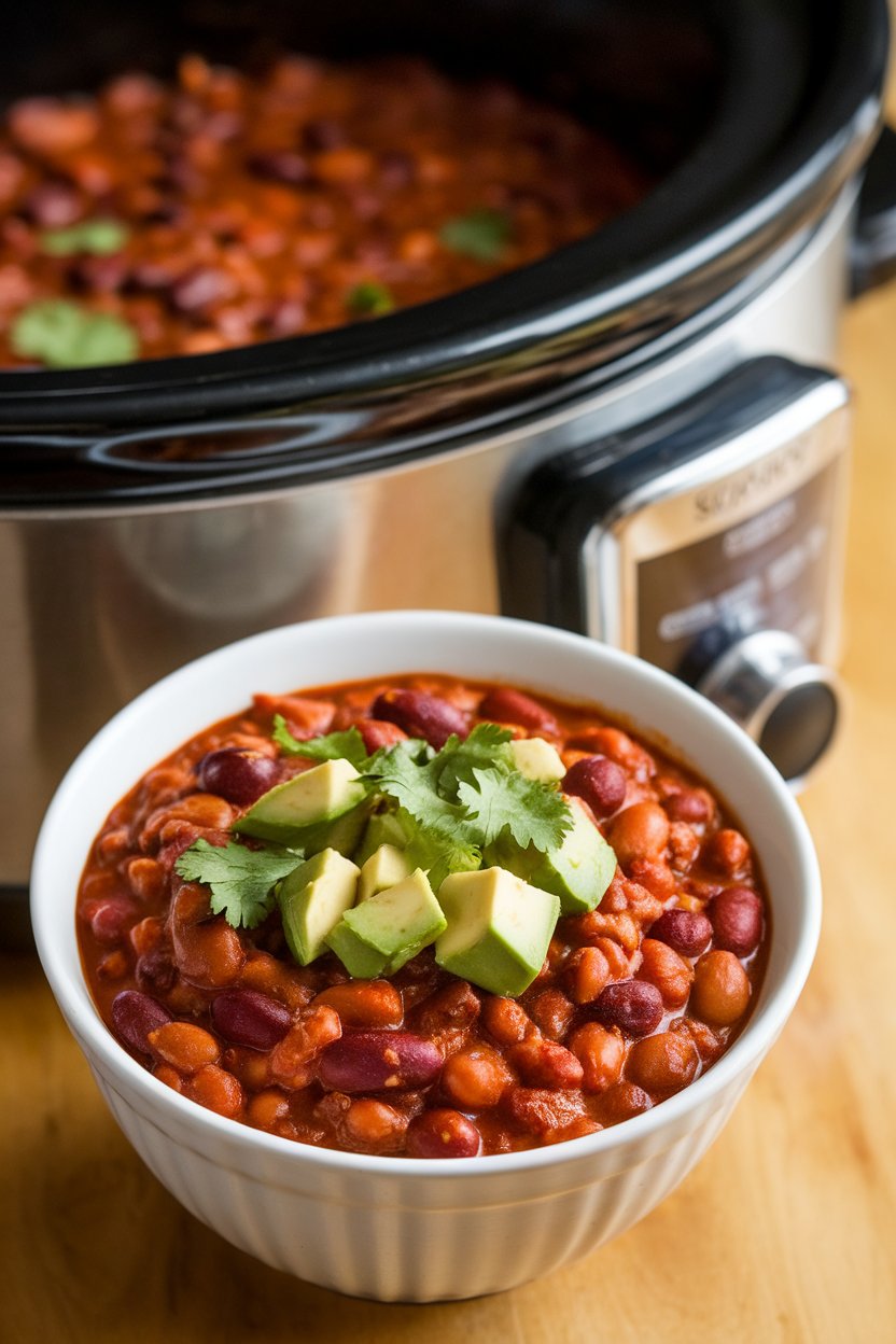 Indoor photo of a bowl of hearty bean chili topped with diced avocado and cilantro, slow-cooker in background. No text or logos.