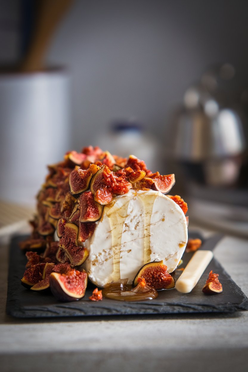 A goat cheese log coated in chopped dried figs and a drizzle of honey, shown indoors on a slate board with a small butter knife. Photo, no text or logos.