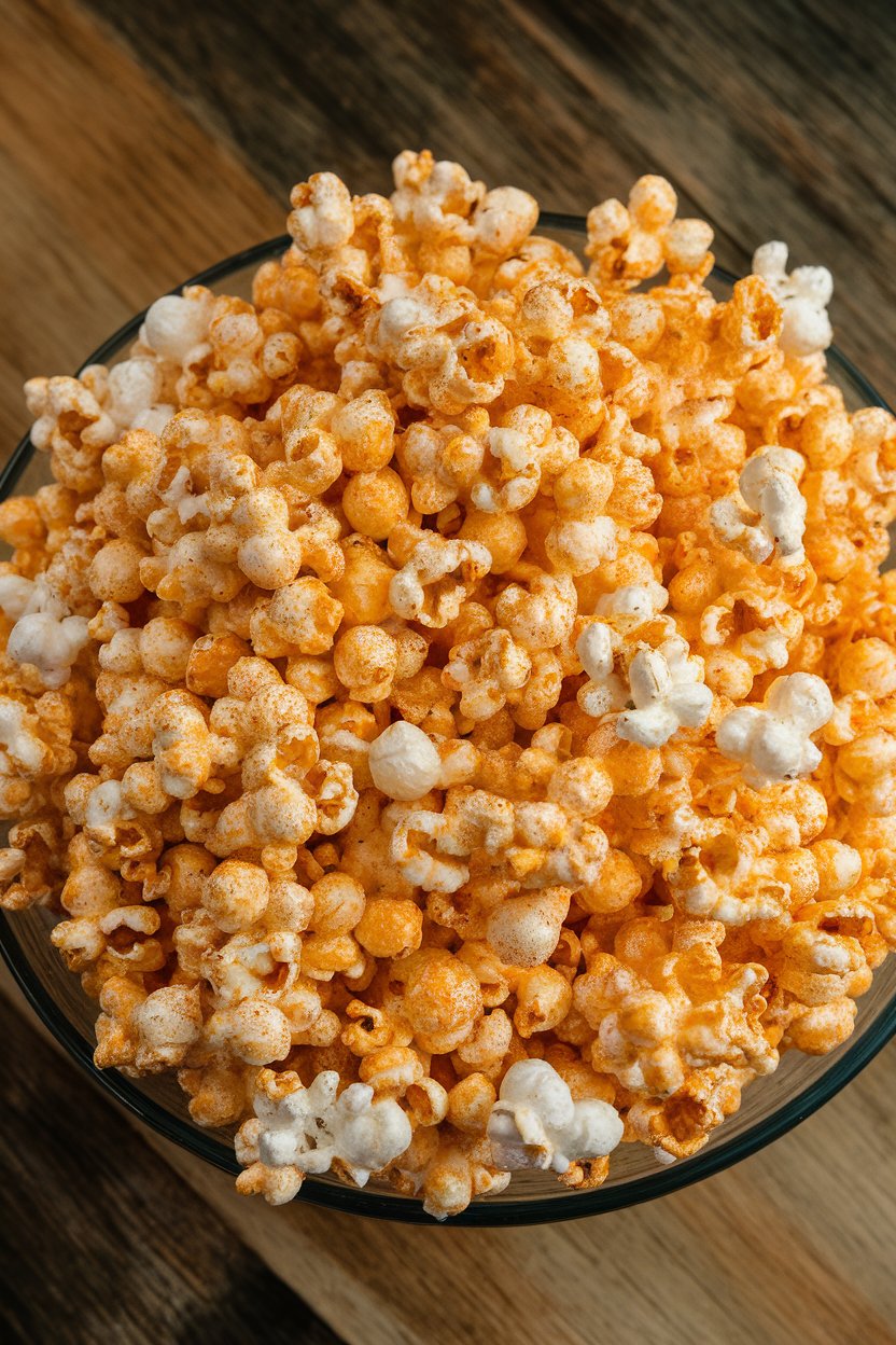 Indoor serving bowl brimming with popcorn coated lightly in buffalo seasoning and ranch powder, no text or logos. Photo only.