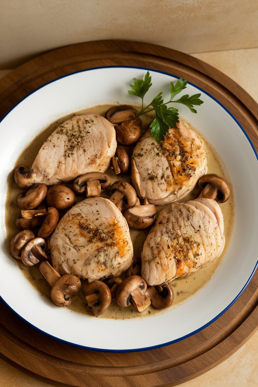 Indoor table showing chicken breast medallions and mushrooms in light marsala sauce, parsley garnish; no text or logos; photo.</Prompt