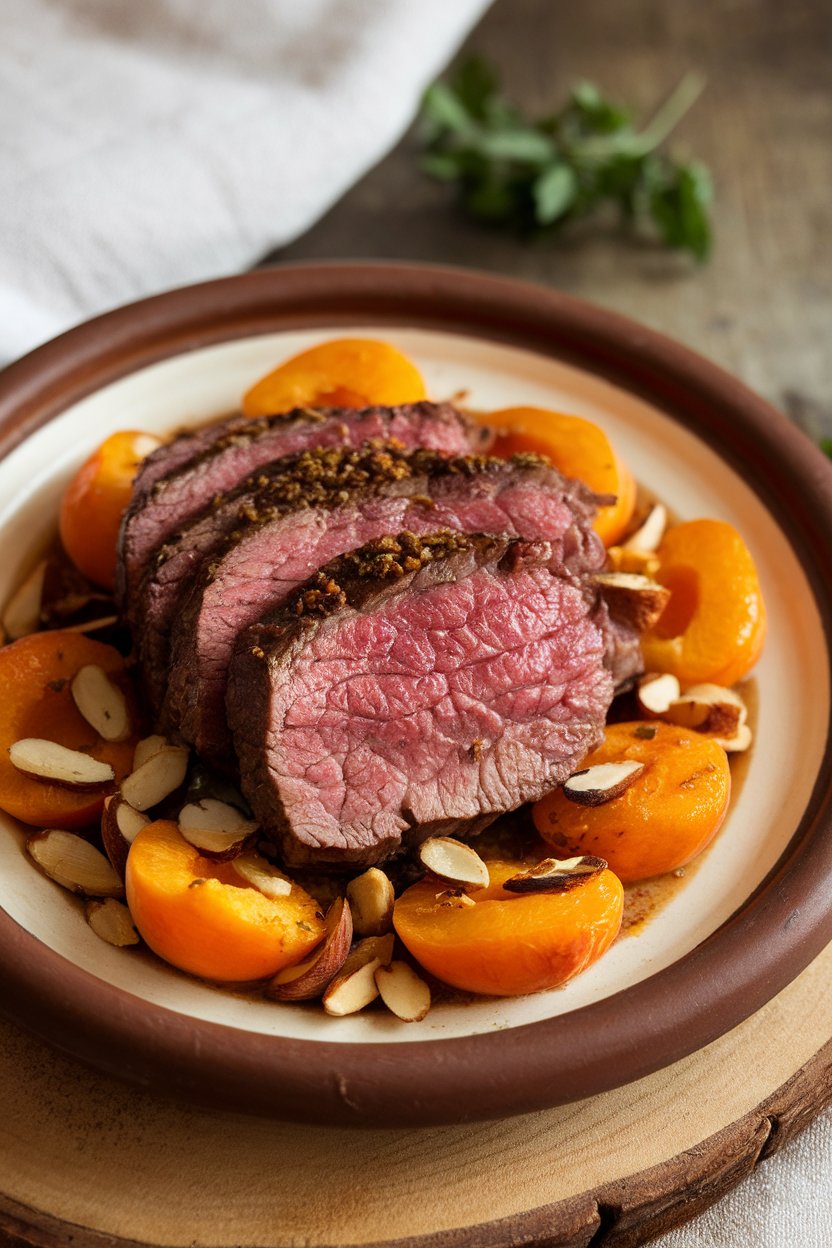 Indoor tagine-style serving dish of beef with apricots and almonds, dusted with cumin. No logos or text.