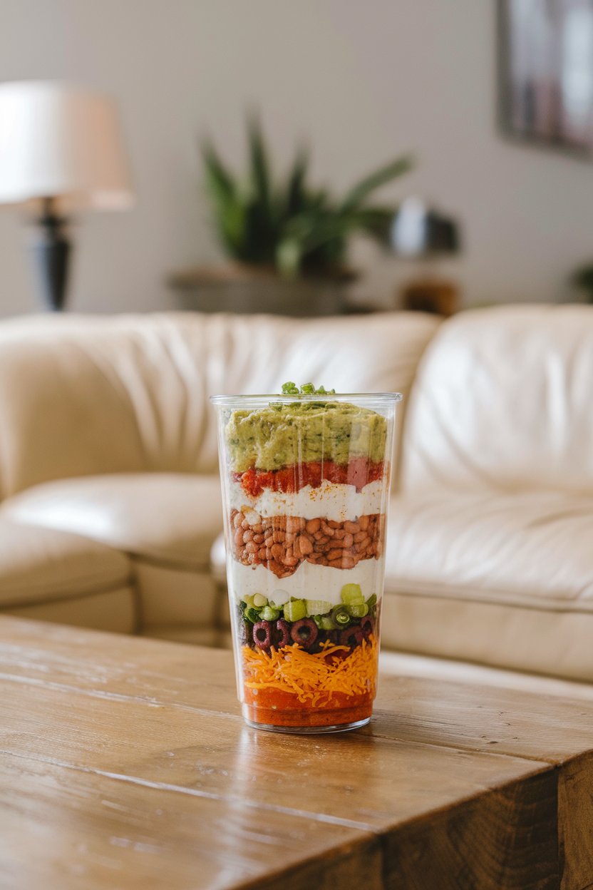 An indoor coffee table lined with clear plastic tumblers showing visible layers of refried beans, guacamole, sour cream, salsa, cheese, olives, and green onions—no text or logos. Photo, not illustration.