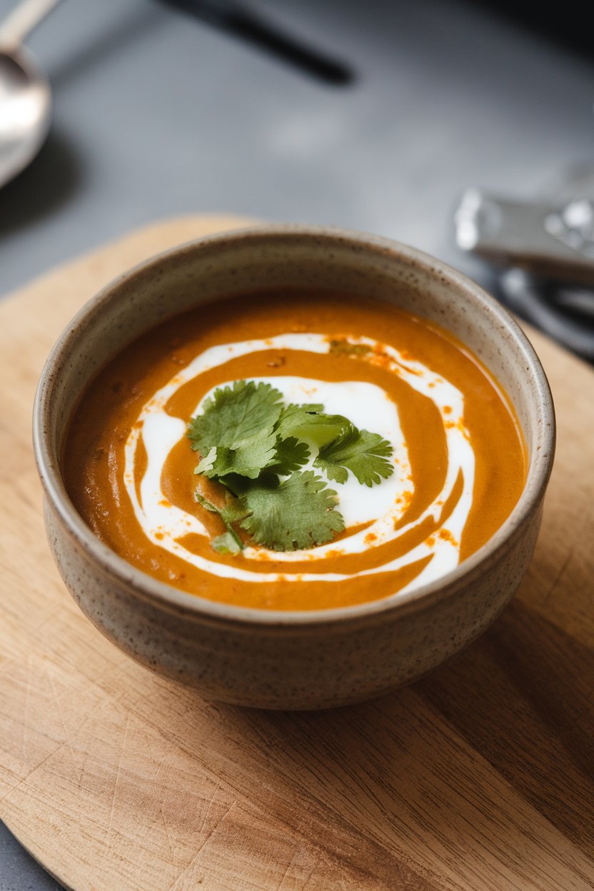 Indoor photo of smooth golden soup in a bowl, swirl of yogurt and cilantro leaves on top, no text or logos