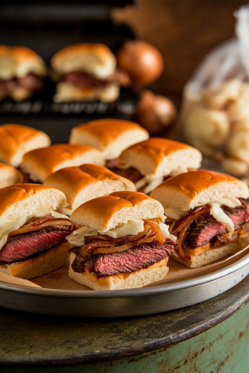 Photo of small cheesesteak sliders filled with sliced steak, sautéed onions, and melted provolone on a tray indoors, no text or logos