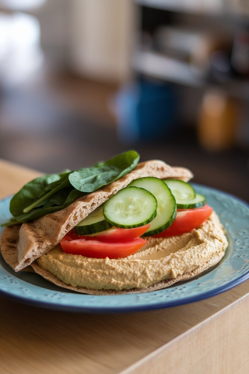 An indoor lunch plate featuring a whole-wheat pita half overflowing with hummus, cucumber ribbons, tomato slices, and spinach leaves. No text or logos present.