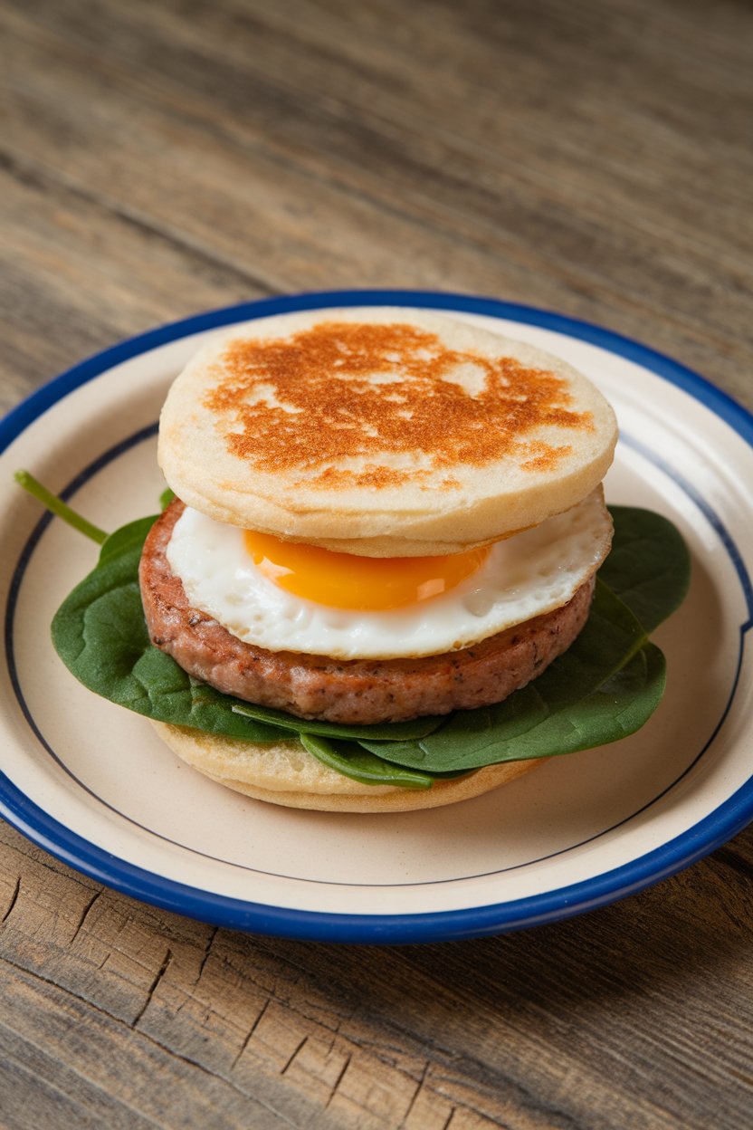 An indoor cafe-style plate showing an English muffin sandwich layered with an egg round, turkey sausage patty, and spinach leaves. No text or logos visible. Photo, not illustration.
