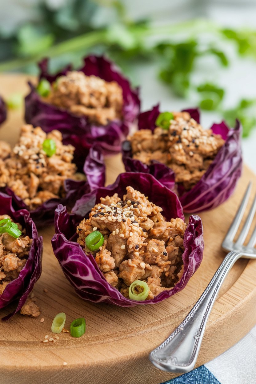 Photo of purple cabbage cups filled with ginger-scallion ground turkey, garnished with sesame seeds, indoors. No text or logos.