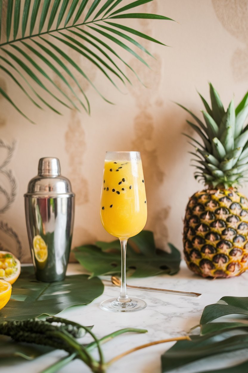 An indoor tropical-themed bar counter with a stemless flute of bright yellow passion fruit spritz, seeds floating sparsely. No logos or text. Photo.