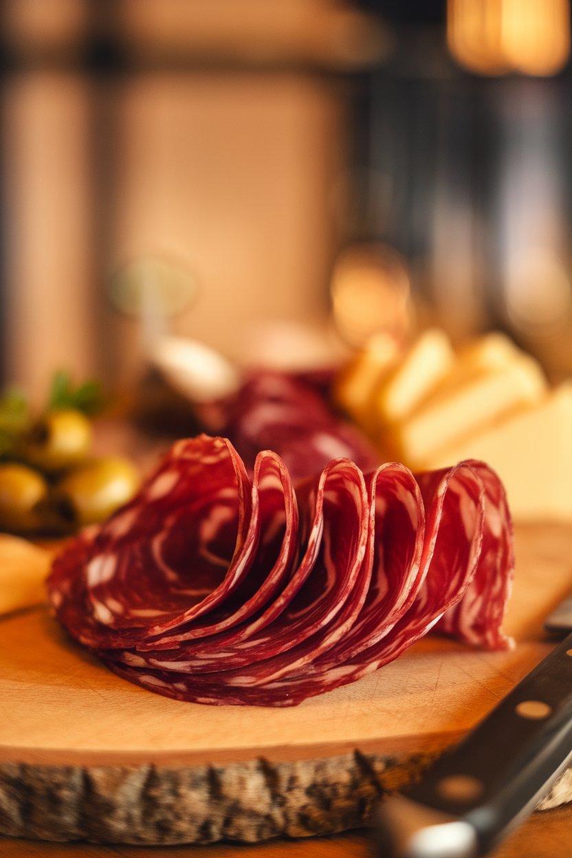 Thin slices of capicola folded accordion-style and fanned out on a wood board indoors. Photo, no text or logos.