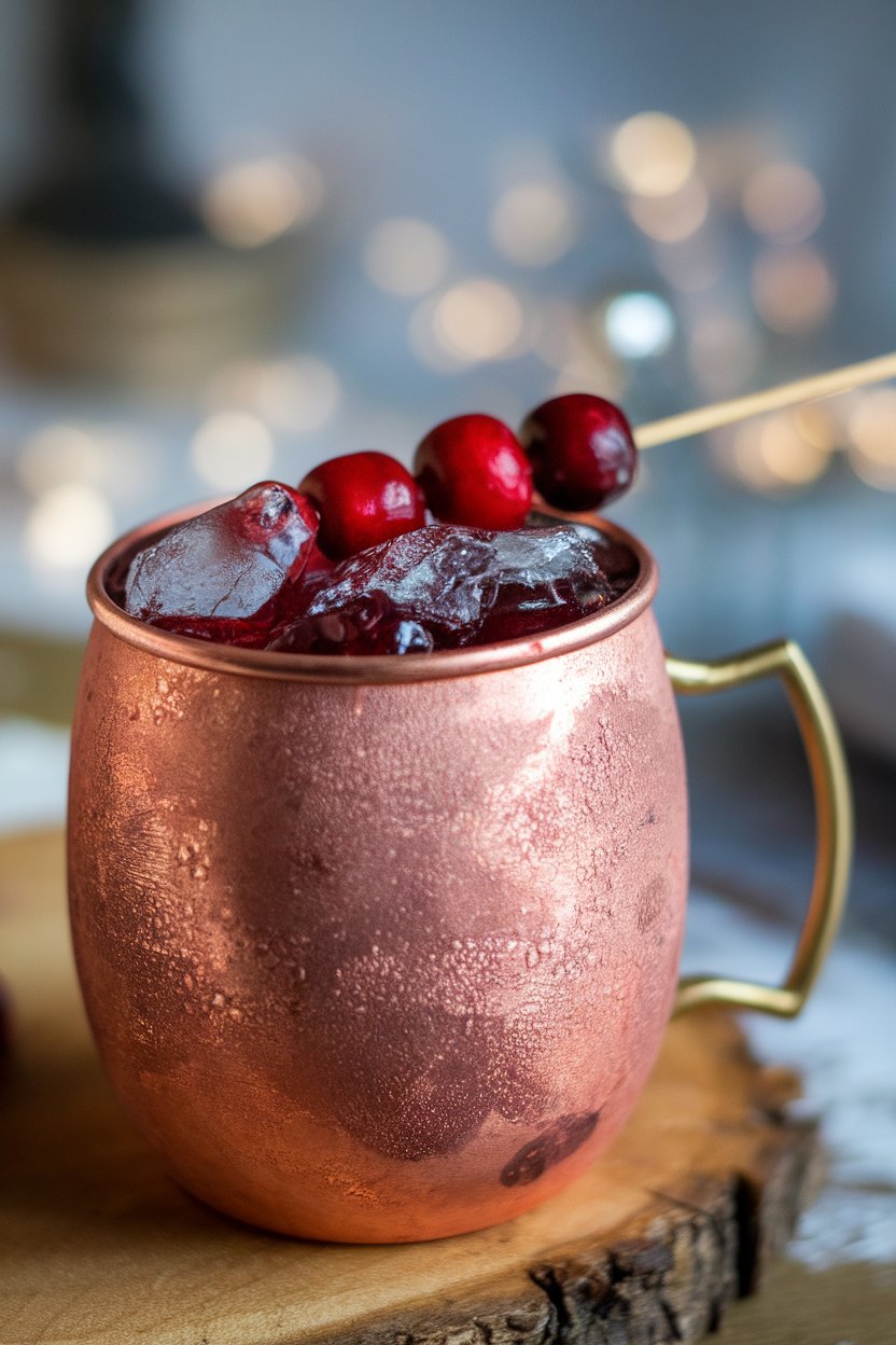 Indoor tabletop photo of a frosty copper mug packed with crushed ice, deep red liquid, and candied cranberry skewer; no text or logos.