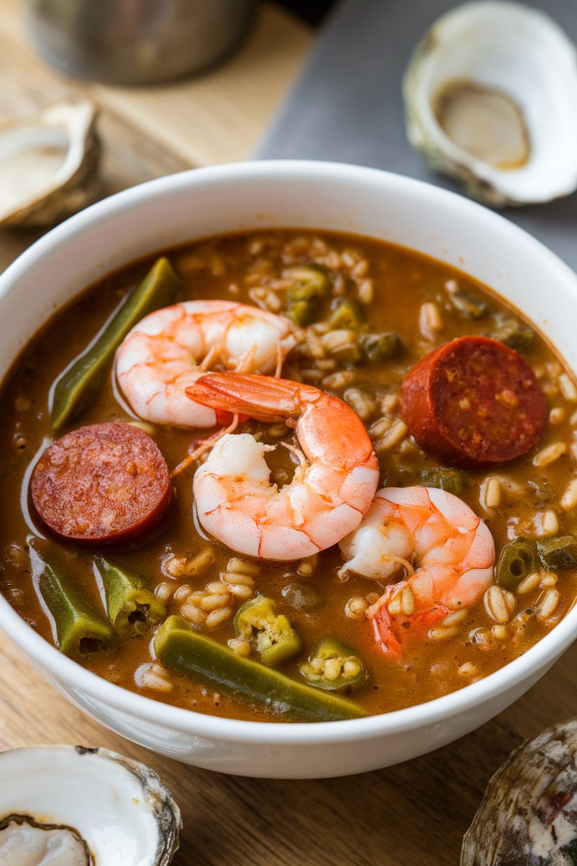 Indoor photo of gumbo soup—cooked shrimp, andouille sausage slices, okra, and rice in rich brown broth. No text or logos. Photo.