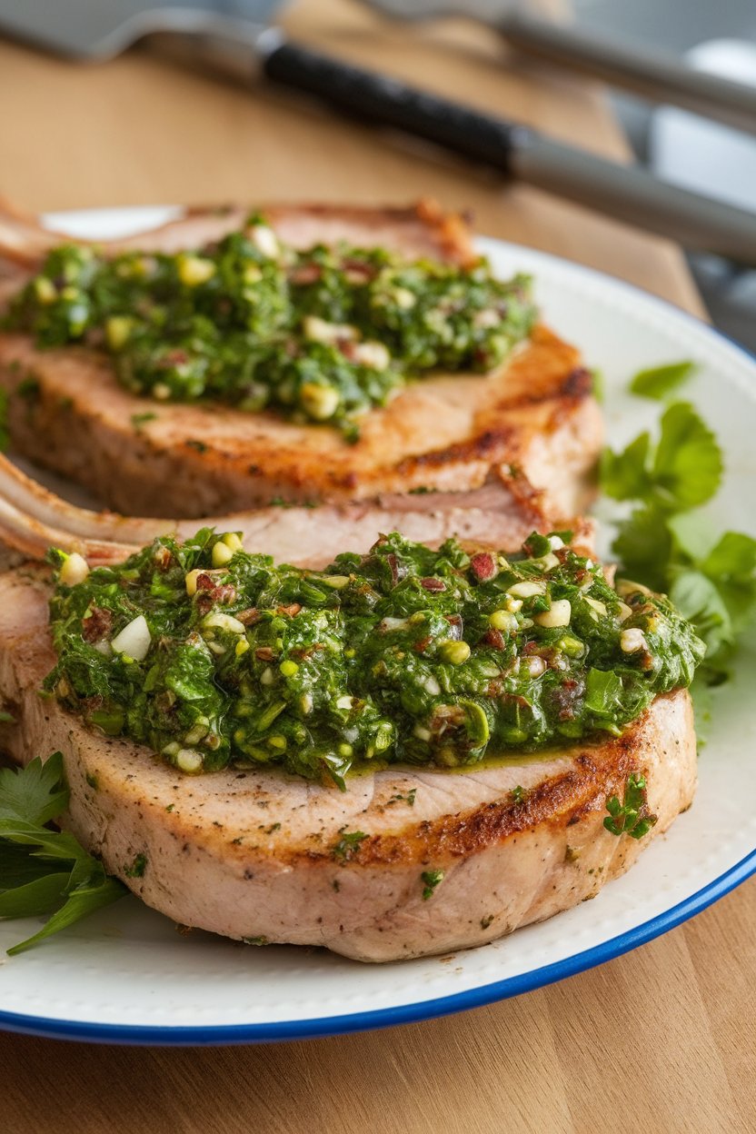 Plate of pork chops topped with vivid green chimichurri, no text or logos.
