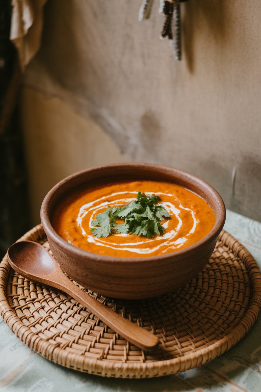A pottery bowl on an indoor table filled with creamy orange lentil soup, topped with a swirl of coconut milk and fresh cilantro. No text or logos. Photo.