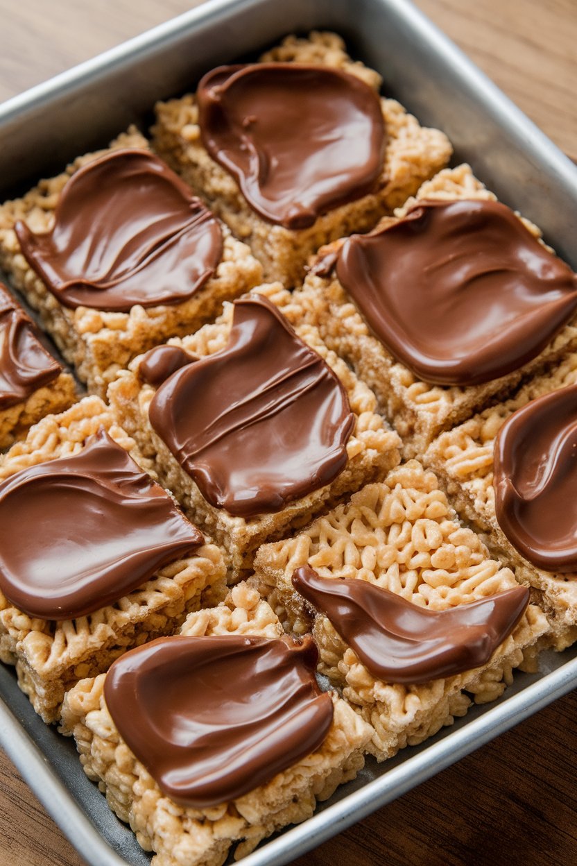 Indoor baking dish of thick rice crispy treats topped with a glossy chocolate-peanut butter layer, cut into squares. No text or logos; photo, not illustration.