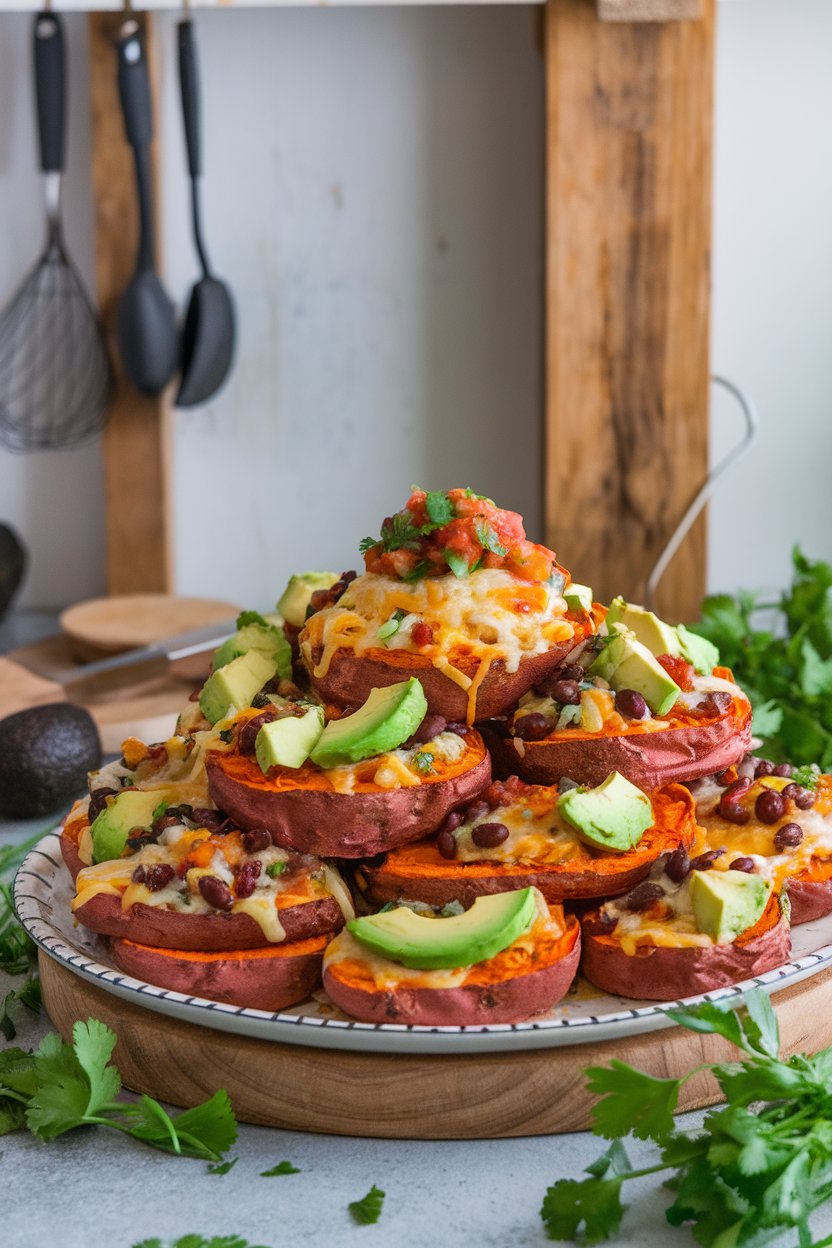 An indoor platter piled high with roasted sweet potato rounds topped with melted cheese, black beans, avocado, and salsa. No text or logos. Photo.