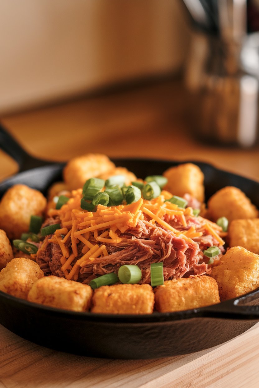 A shallow indoor cast-iron skillet filled with crispy tater tots topped with pulled pork, cheddar cheese, and green onions. No text or logos present.