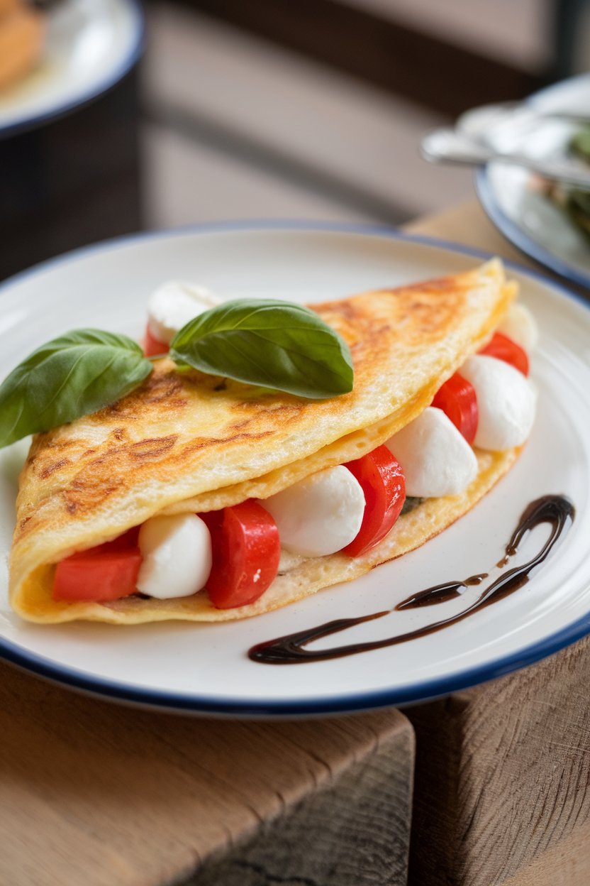 An indoor plate with a folded egg white omelet stuffed with mozzarella pearls, tomato slices, and basil leaves, balsamic drizzle on the side. No text or logos. Photo, not illustration.