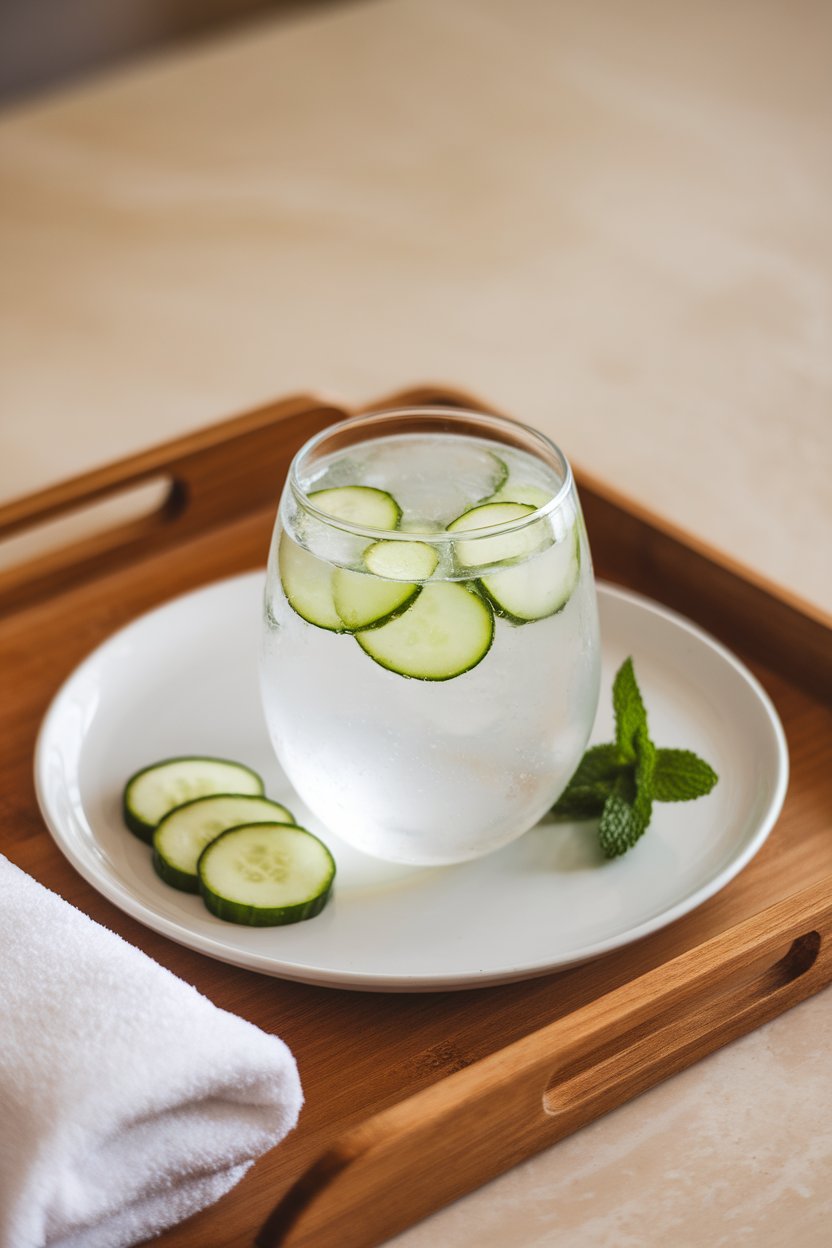 A clean indoor spa lounge table featuring a stemless glass of clear aloe drink with floating cucumber discs. No logos or text. Photo.