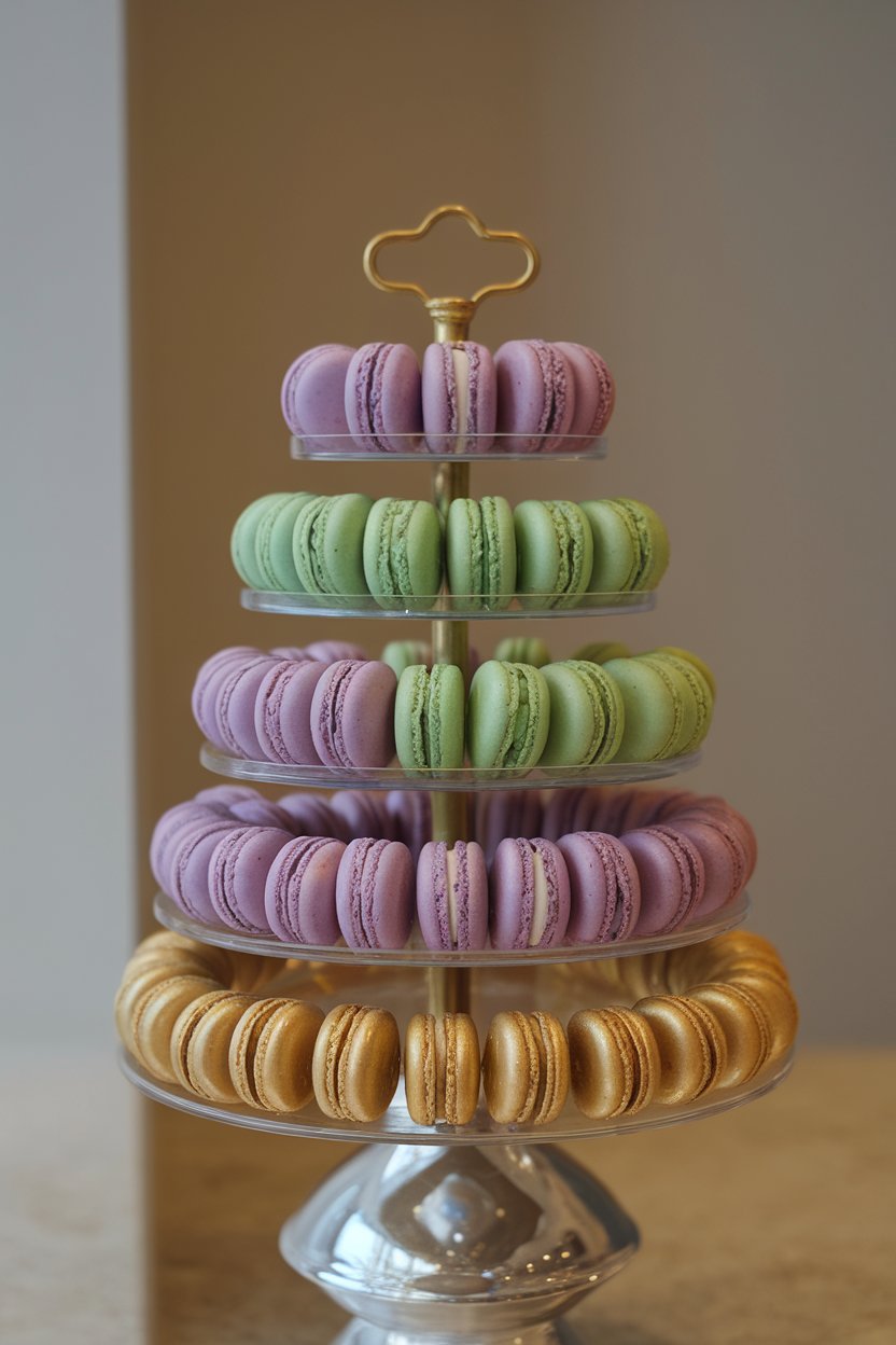 Indoor photo of a tiered stand displaying French macarons in alternating purple, green, and gold shells; no text or logos