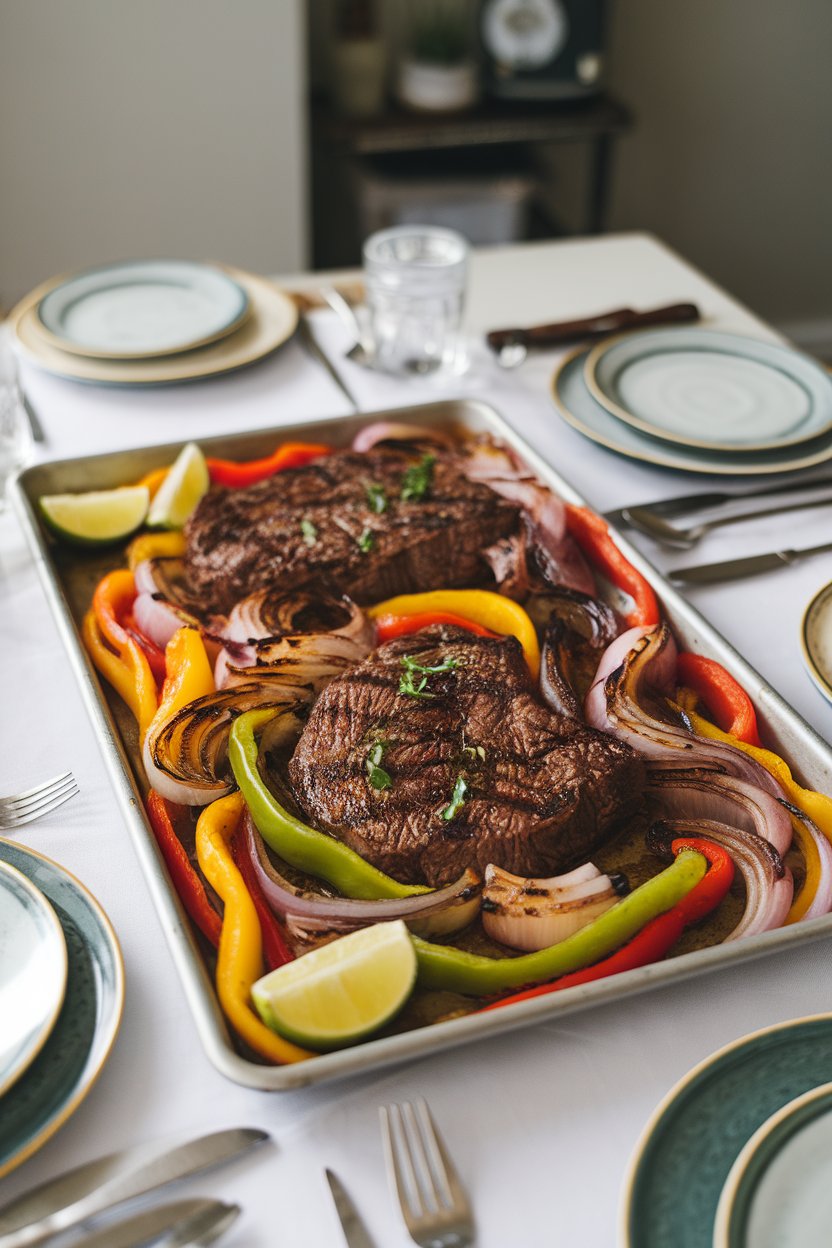 An indoor dining table with a sheet pan of sliced marinated flank steak, charred onions, and multicolored bell peppers; lime wedges on the side. No logos or text.