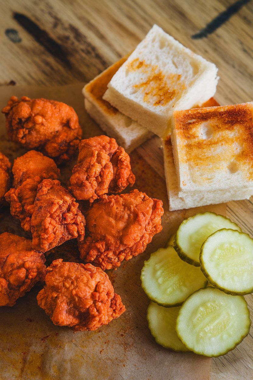 Indoor photo of bite-sized fried chicken pieces tossed in spicy red oil, white bread squares and pickle chips on the side. No text or logos.