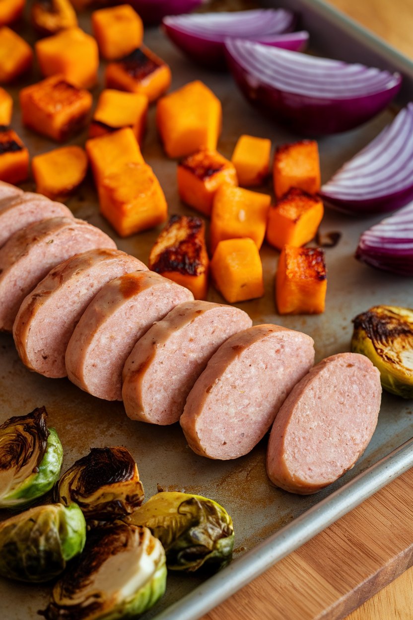 Indoor photo of sliced chicken sausage links with roasted butternut squash cubes, Brussels sprouts, and red onion wedges on a sheet pan; warm light, no text or logos