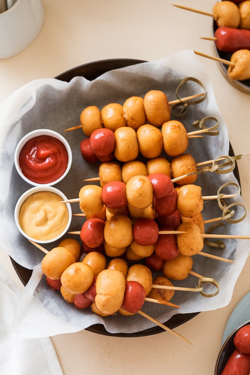 An indoor platter lined with parchment showcasing bite-size corn dog nuggets with wooden skewers and ketchup/mustard dipping cups. No text or logos. Photo, not illustration.